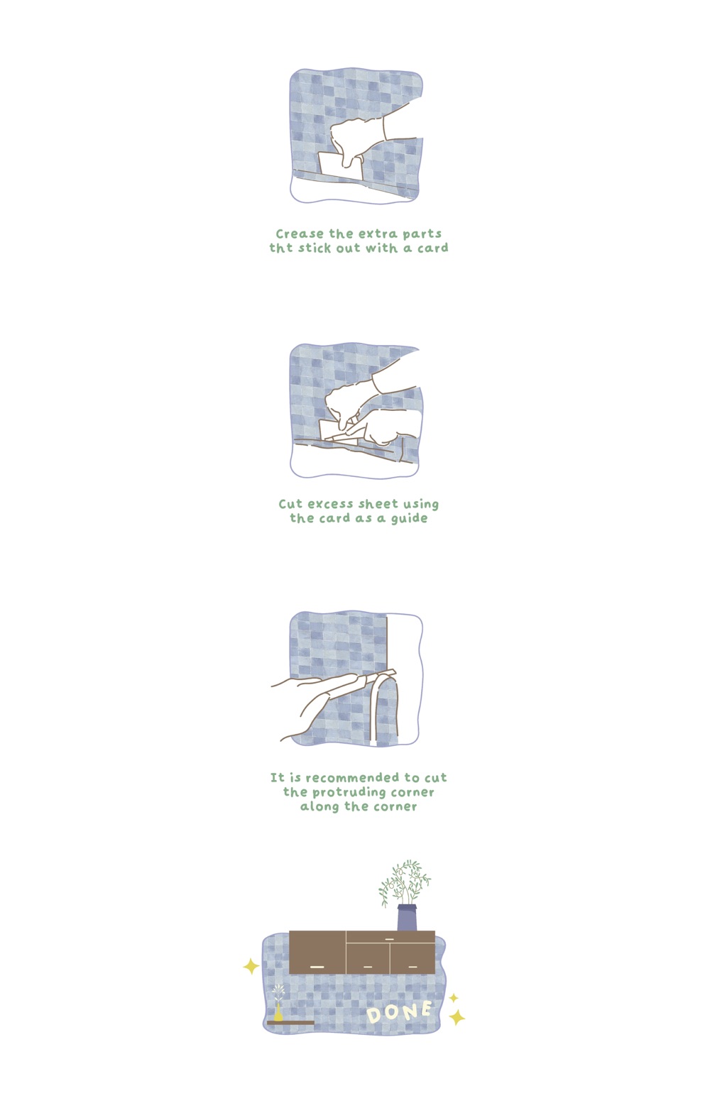 Removable wallpaper installation guide infographic with cartoon drawings